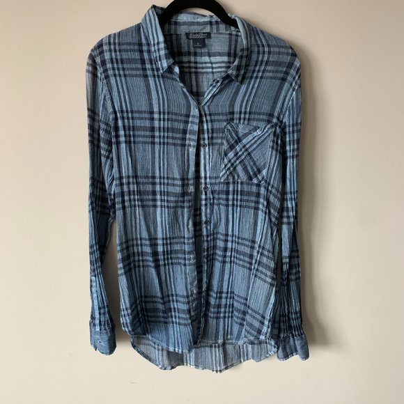 Lucky Brand Long Sleeve Top - Sheer Button Down - Blue Plaid - Picture 1 of 3